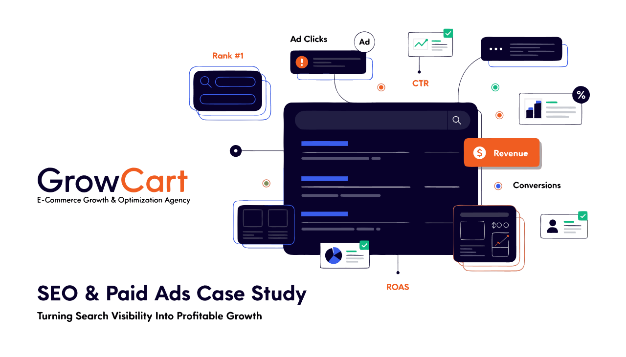 Illustration of a person reviewing a case study document with charts, representing a combined SEO and paid advertising growth scenario