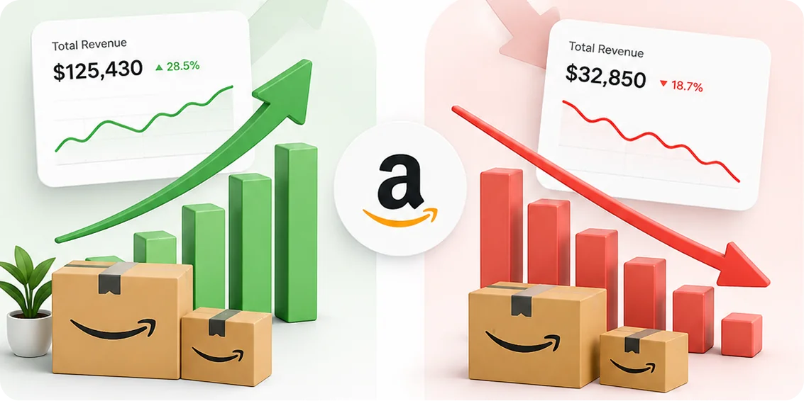 Side-by-side comparison of a growing Amazon account versus a declining one
