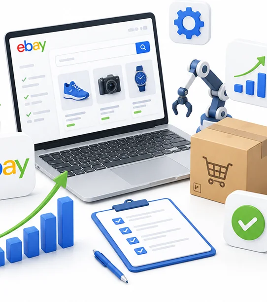 eBay storefront on a laptop showing listings, sales growth, and fulfilment checklist