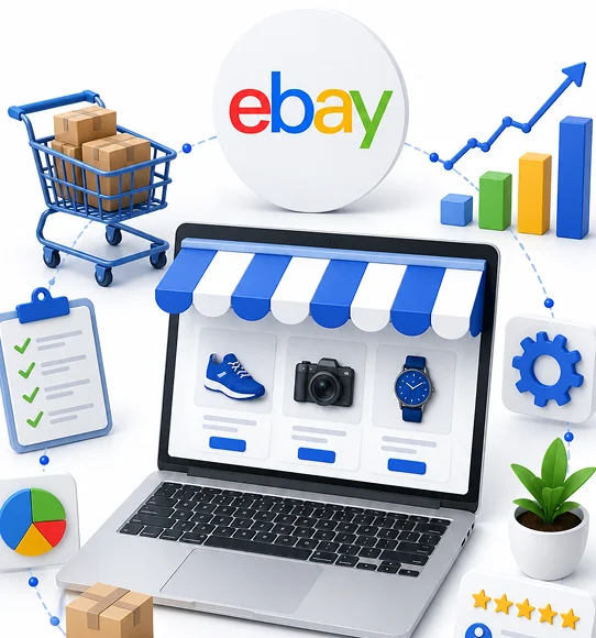 eBay store performance declining versus growing, shown as a storefront between a failing shop and a thriving one