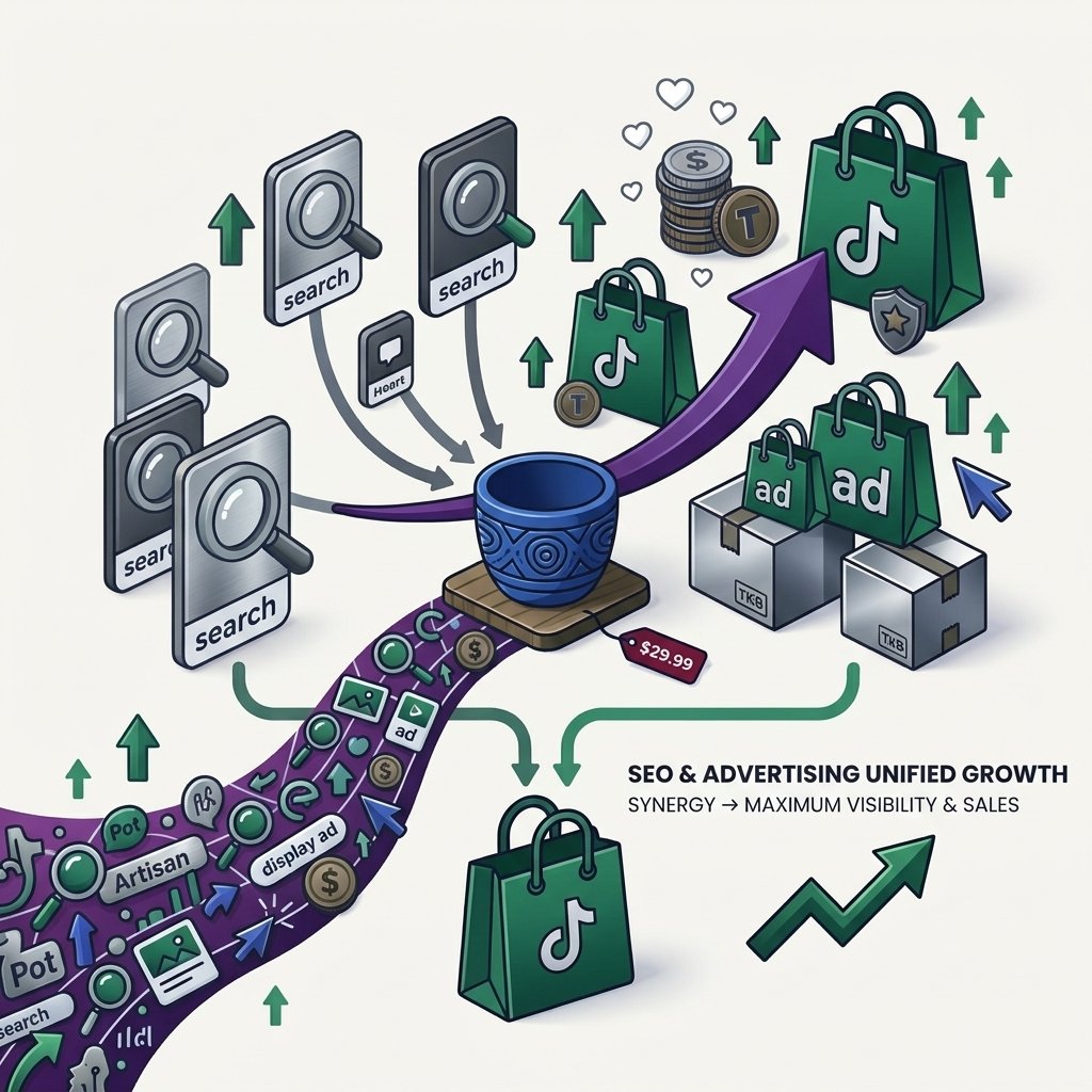 Case study illustration of a person reviewing SEO and paid advertising performance charts side by side