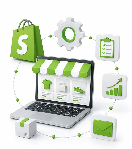 Shopify store on a laptop surrounded by icons for setup, fulfilment, reporting, and email marketing