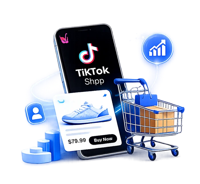 TikTok Shop product listing and revenue growth on a smartphone next to a shopping cart