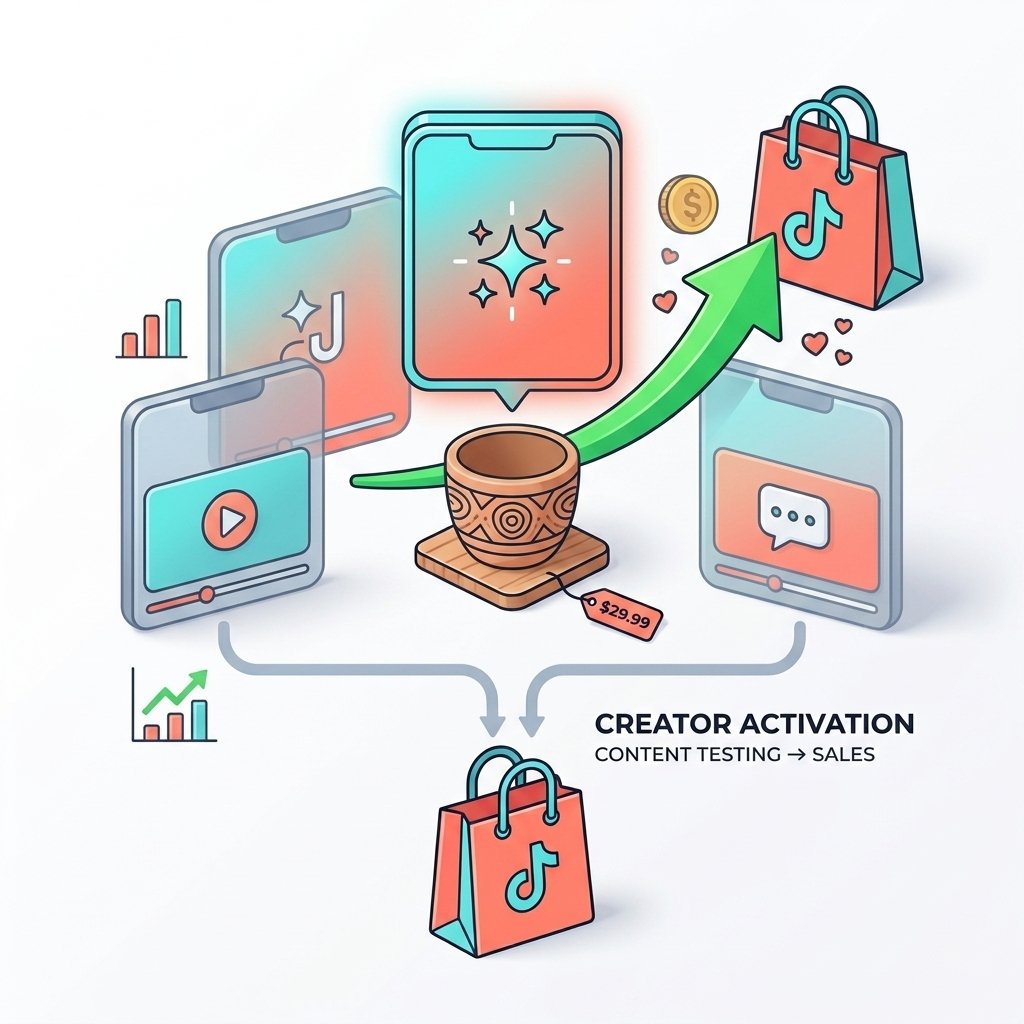 Case study illustration showing a TikTok Shop product page next to a rising conversion rate chart
